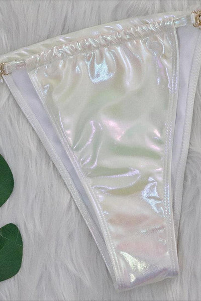 White Holographic Rhinestone Starfish Strappy Draw String Cheeky 2Pc Swimsuit Set Bikini - AMIClubwear