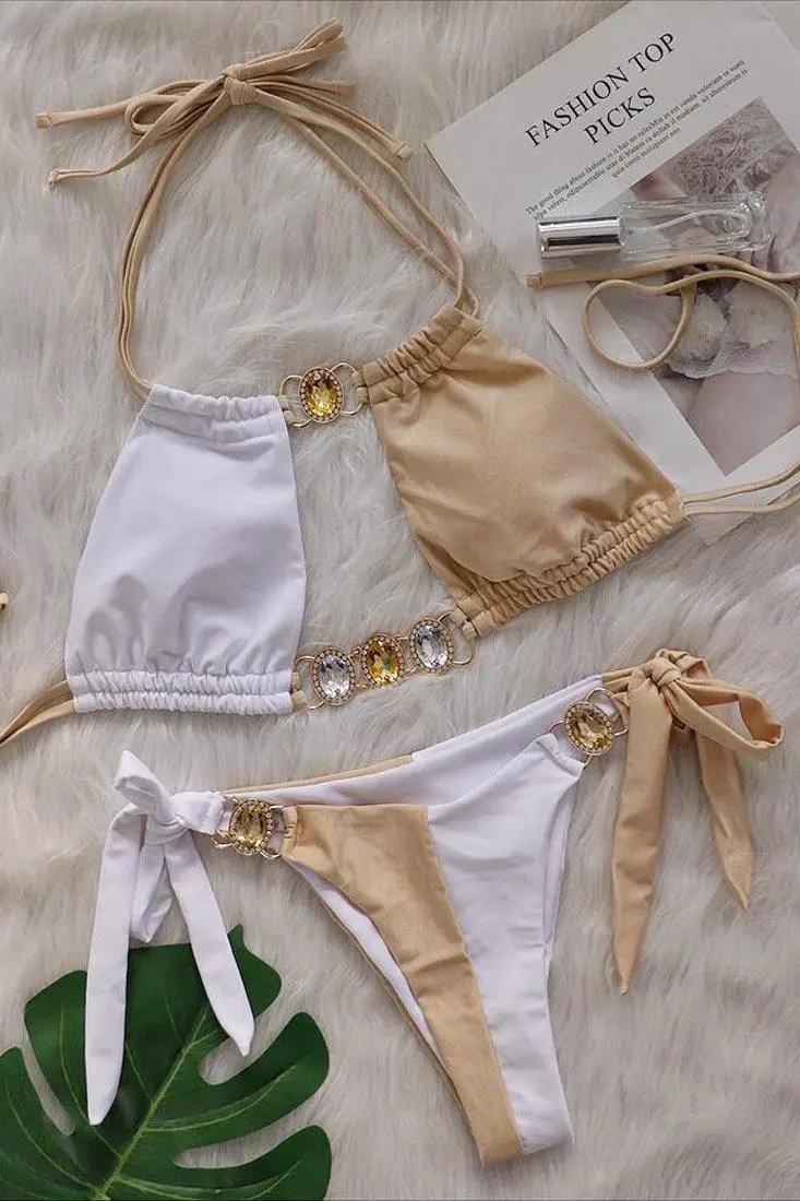 Beige White Rhinestone Two Piece Cheeky Swimsuit