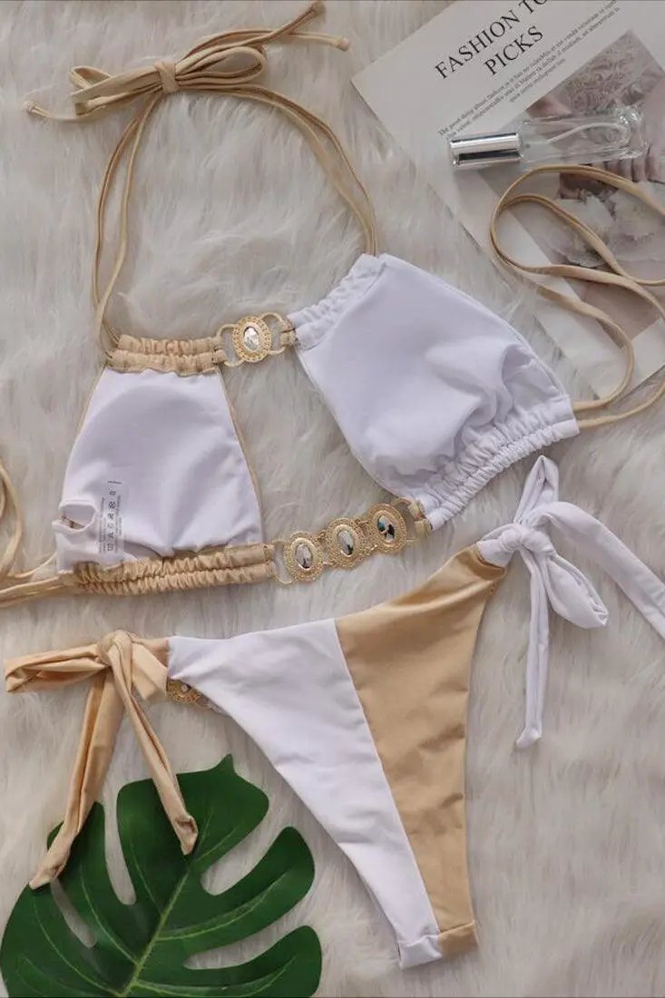 Beige White Rhinestone Two Piece Cheeky Swimsuit