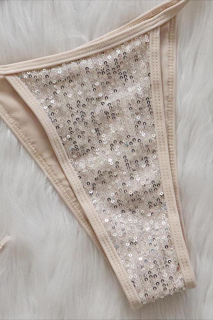 Beige Sequin Cut-Out Strappy Sexy Cheeky 2Pc Swimsuit Set