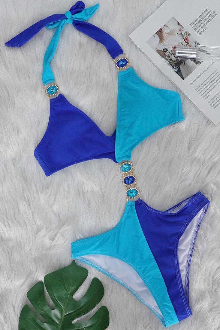 Blue Color Block Rhinestone One Piece Cheeky Swimsuit Monokini - AMIClubwear