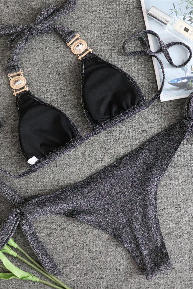 Black Shimmer Glitter Rhinestone Cheeky Sexy 2Pc Swimsuit Set Bikini - AMIClubwear