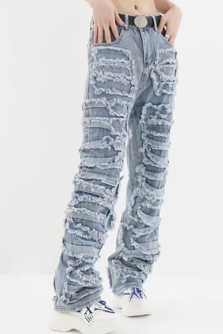 Blue Acid Wash Distressed All Over Both Sides Sexy Denim Jeans