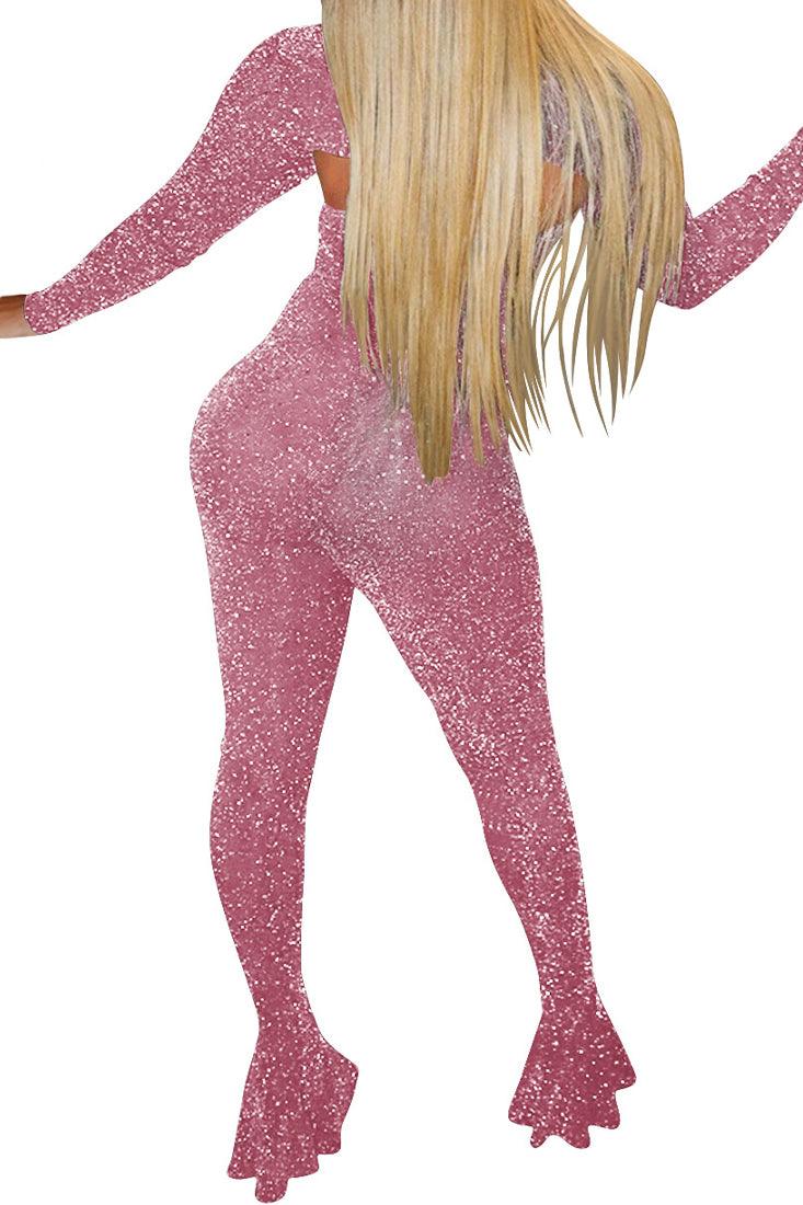 Pink Shimmer Bell Long Sleeves Bolero Strapless 2Pc Sexy Jumpsuit - AMIClubwear
