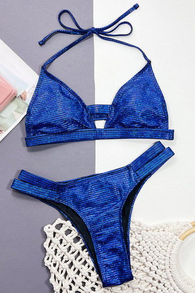 Royal Blue Holographic Metallic Strappy Cheeky 2Pc Swimsuit Set