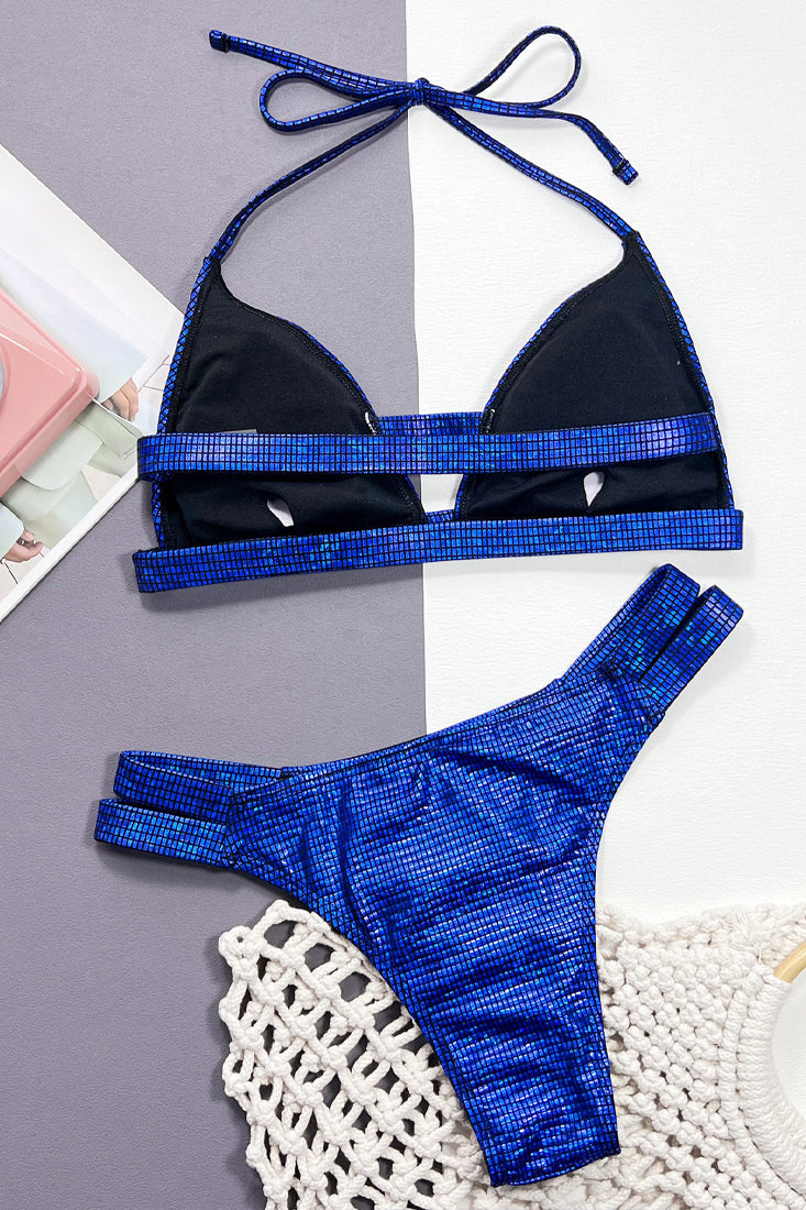 Royal Blue Holographic Metallic Strappy Cheeky 2Pc Swimsuit Set