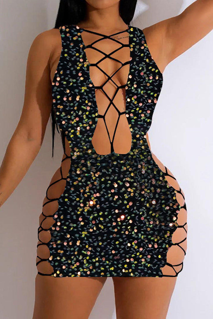 Black Multi Sequin Lace-Up Cut-Out Plunging Sexy Fitted Party Dress