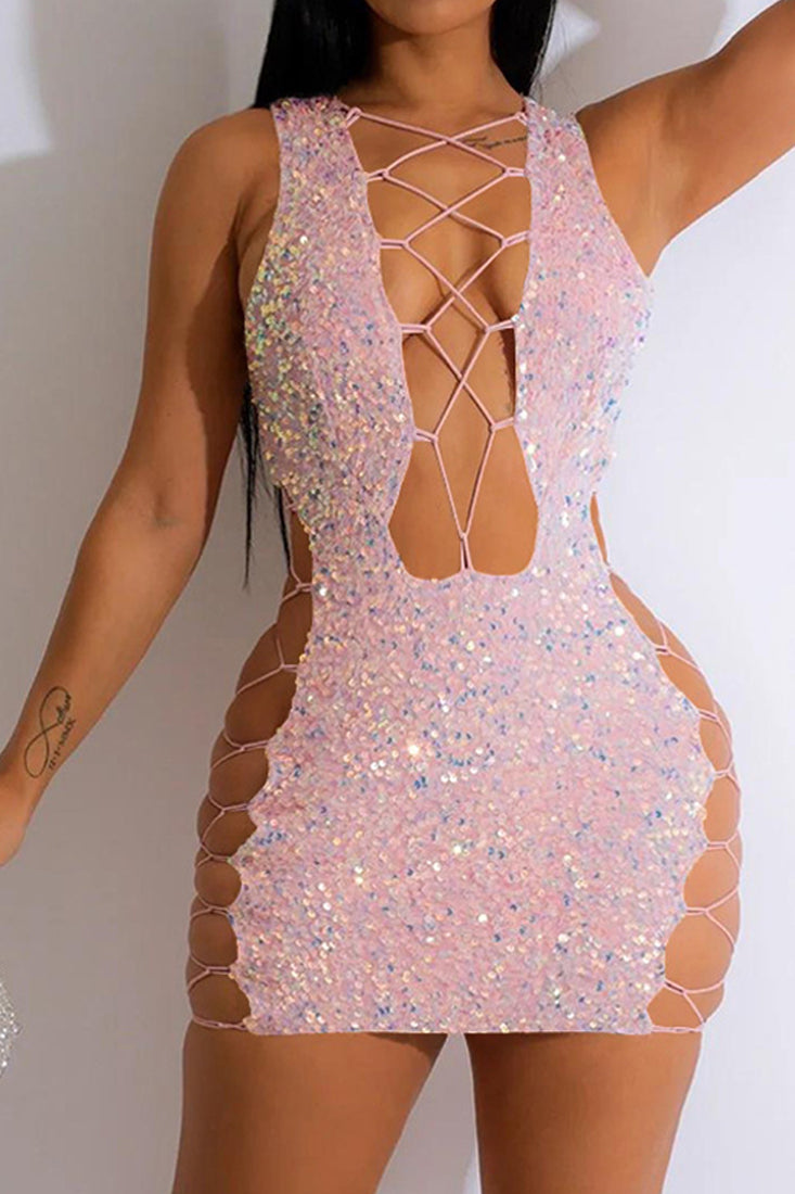 Pink Multi Sequin Lace-Up Cut-Out Plunging Sexy Fitted Party Dress