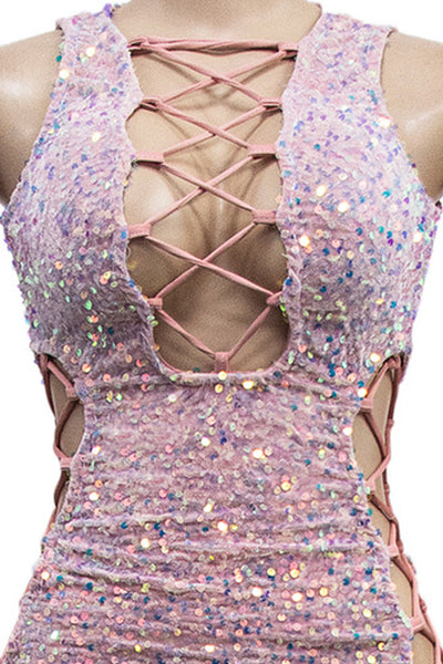 Pink Multi Sequin Lace-Up Cut-Out Plunging Sexy Fitted Party Dress