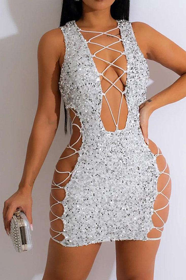 White Multi Sequin Lace-Up Cut-Out Plunging Sexy Fitted Party Dress