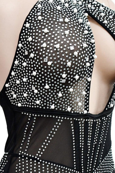 Black Halter Mesh Rhinestones Pearl Sexy Party Romper - AMIClubwear