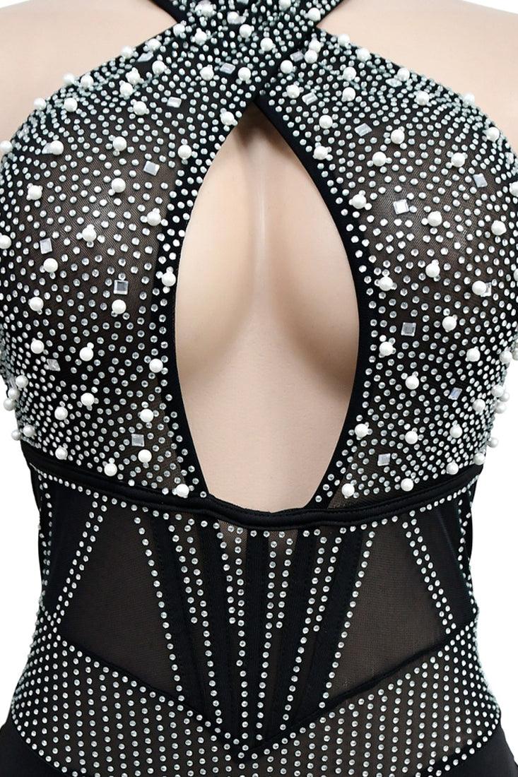 Black Halter Mesh Rhinestones Pearl Sexy Party Romper - AMIClubwear