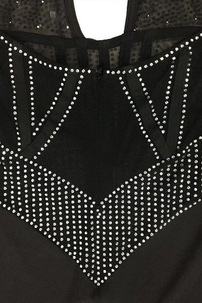 Black Halter Mesh Rhinestones Pearl Sexy Party Romper - AMIClubwear