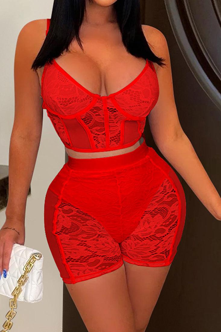 Red Lace Boned Corset Top High Waist Shorts 2Pc Sexy Outfit - AMIClubwear
