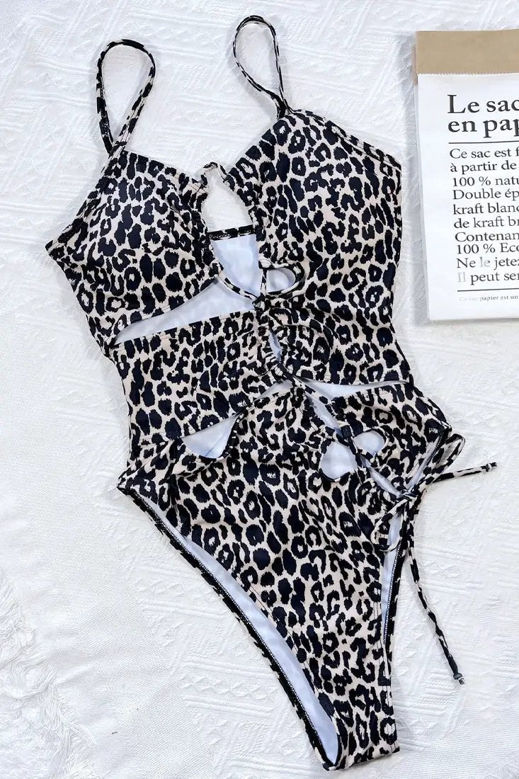 Leopard Print Cut-Out Lace-Up Sexy High Cut 1Pc Monokini Swimsuit