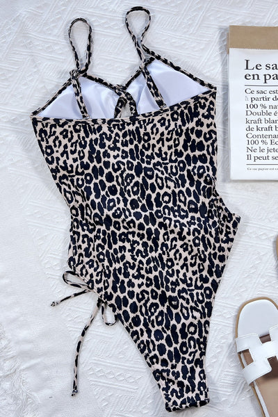 Leopard Print Cut-Out Lace-Up Sexy High Cut 1Pc Monokini Swimsuit