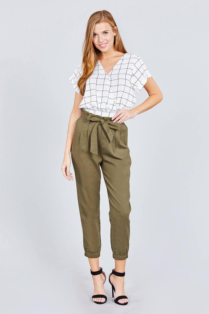 Paperbag W/bow Tie Elastic Hem Long Linen Pants - AMIClubwear