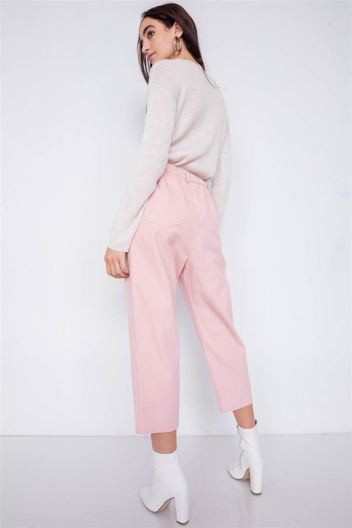 Pastel Chic Solid Ankle Wide Leg Adjustable Snap Waist Pants - AMIClubwear