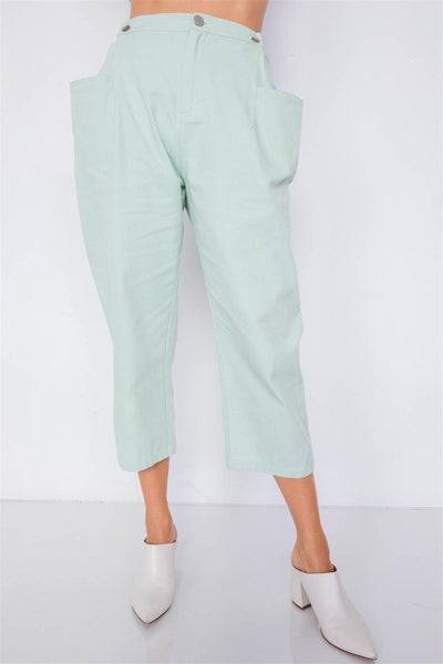 Pastel Chic Solid Ankle Wide Leg Adjustable Snap Waist Pants - AMIClubwear