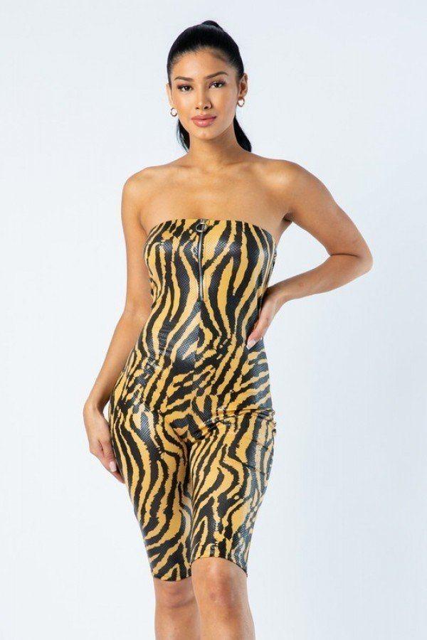 Zebra Print Tube Romper With Front O Ring Zipper Detail - AMIClubwear