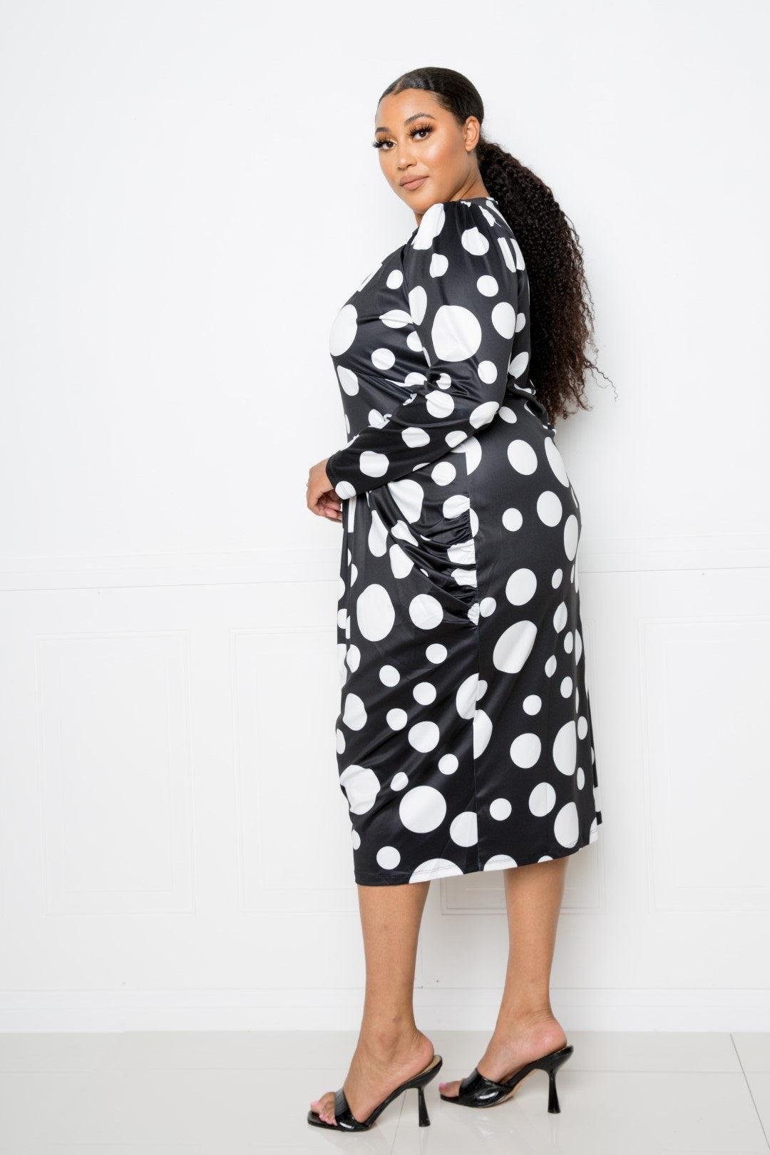 Polka Dot Drop Waist Ruched Midi Dress - AMIClubwear