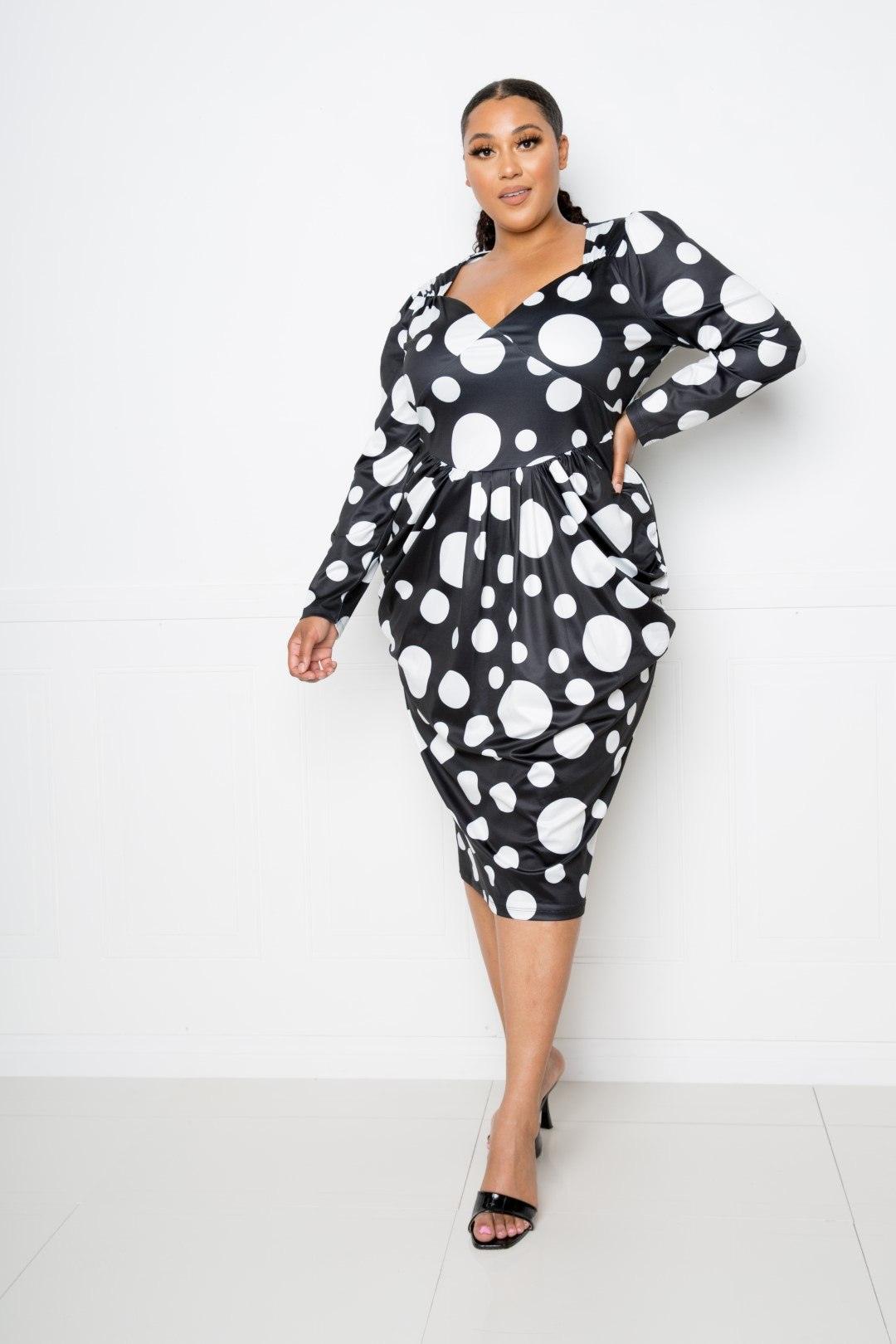 Polka Dot Drop Waist Ruched Midi Dress - AMIClubwear