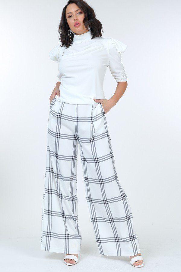 High Waist Plaid Print Wide Leg Pants - AMIClubwear