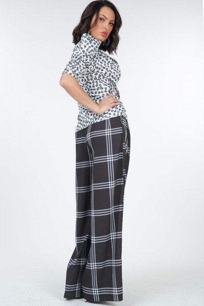 High Waist Plaid Print Wide Leg Pants - AMIClubwear