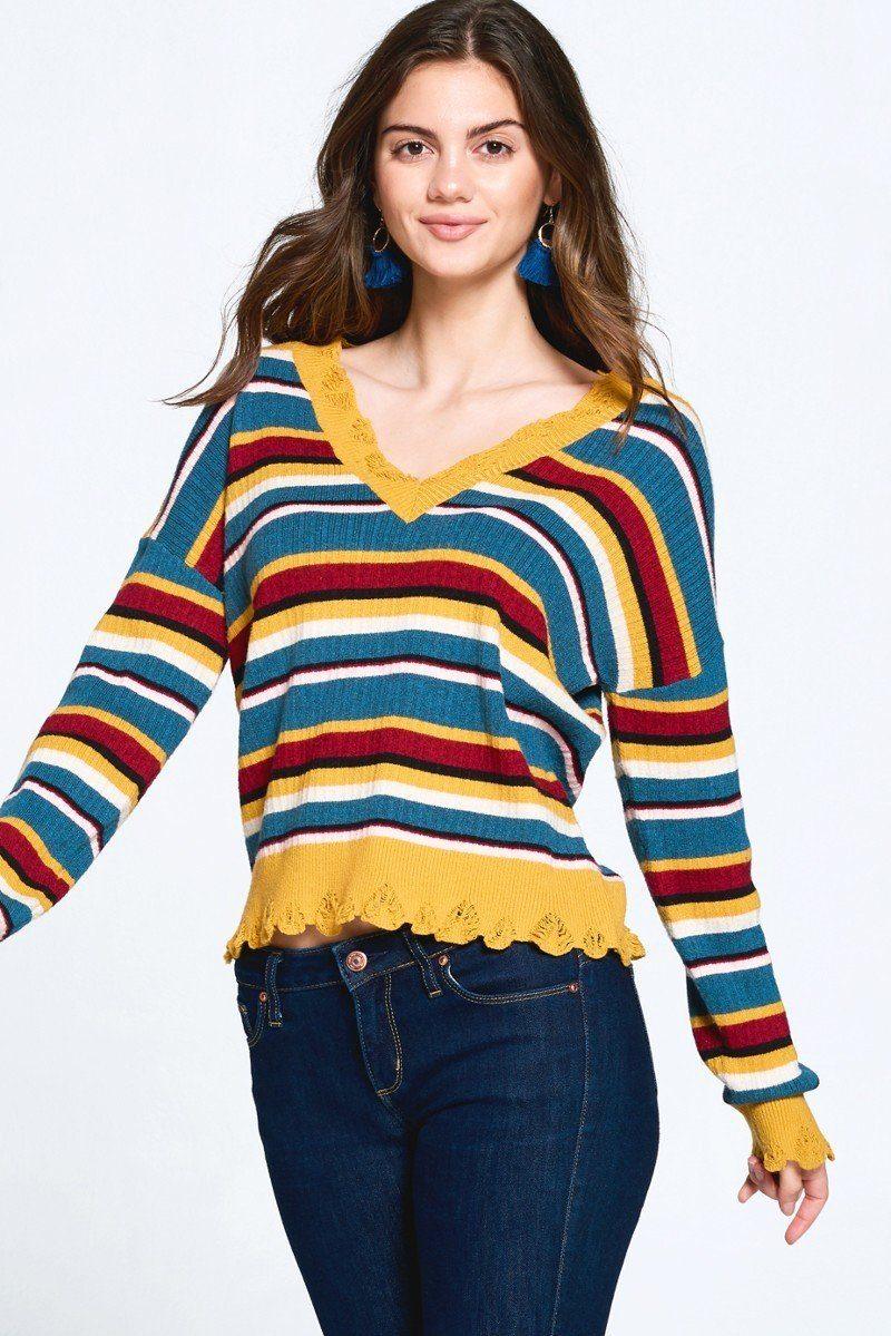 Multi-colored Variegated Striped Knit Sweater - AMIClubwear