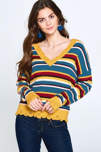 Multi-colored Variegated Striped Knit Sweater - AMIClubwear