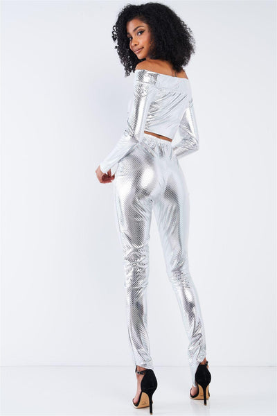 Metallic Small Scales Print Long Sleeve Off-the-shoulder Cropped Top And High Waist Slim Fit Legging Set - AMIClubwear