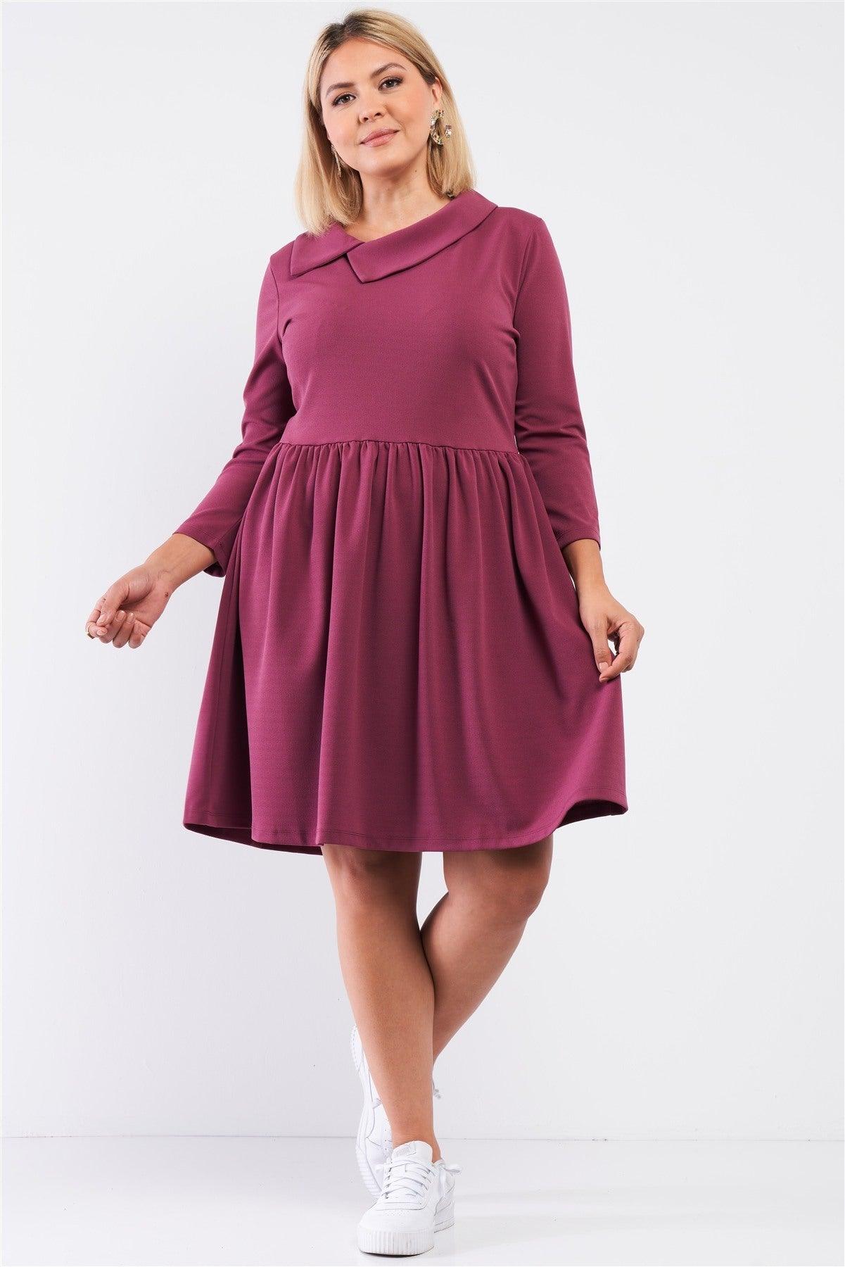 Plus Pleated Preppy Fit & Flare Long Sleeve Asymmetrical Peter Pan Collar Mini Dress - AMIClubwear