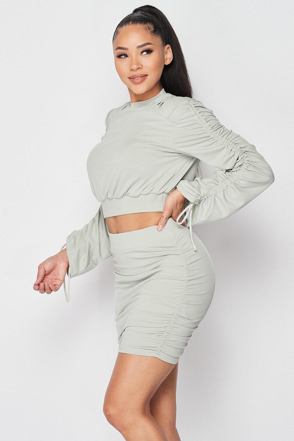 Ruched Long Sleeve And Skirt Set - AMIClubwear
