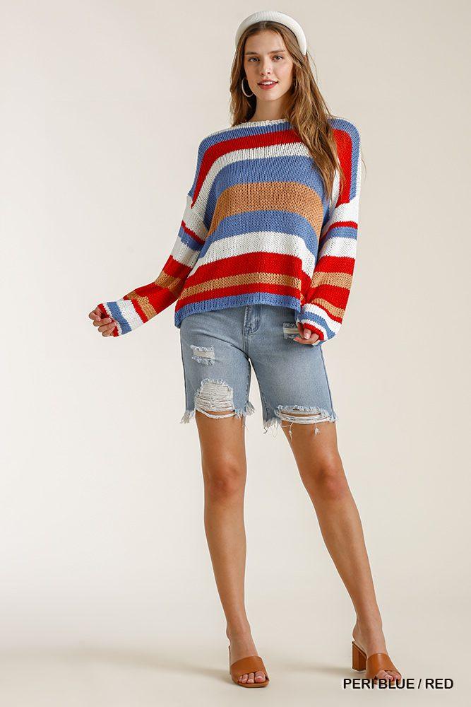 Multicolored Stripe Round Neck Long Sleeve Knit Sweater - AMIClubwear