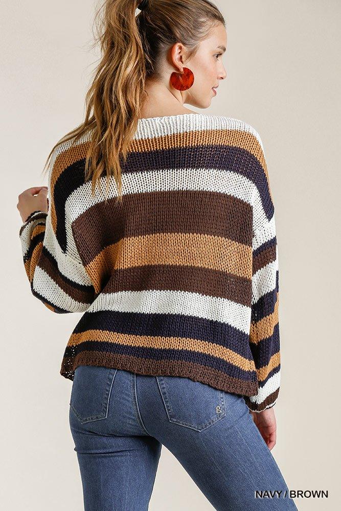 Multicolored Stripe Round Neck Long Sleeve Knit Sweater - AMIClubwear