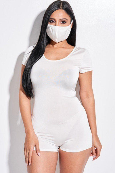 Solid Short Sleeve Scoop Neck Romper And Face Mask 2 Piece Set - AMIClubwear