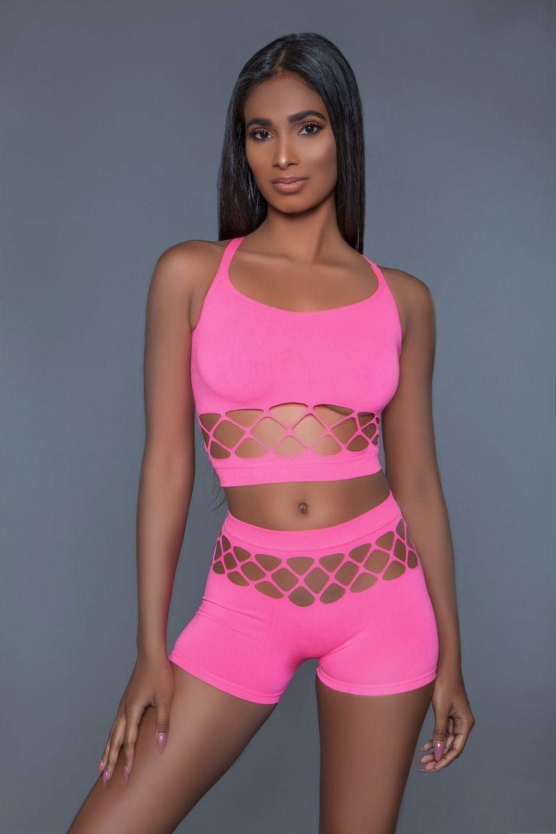 2 pc silk fishnet set that includes a tank crop top with criss-cross cami straps and a pair of high waisted booty shorts - AMIClubwear