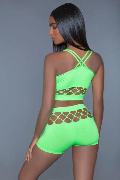 2 pc silk fishnet set that includes a tank crop top with criss-cross cami straps and a pair of high waisted booty shorts. - AMIClubwear