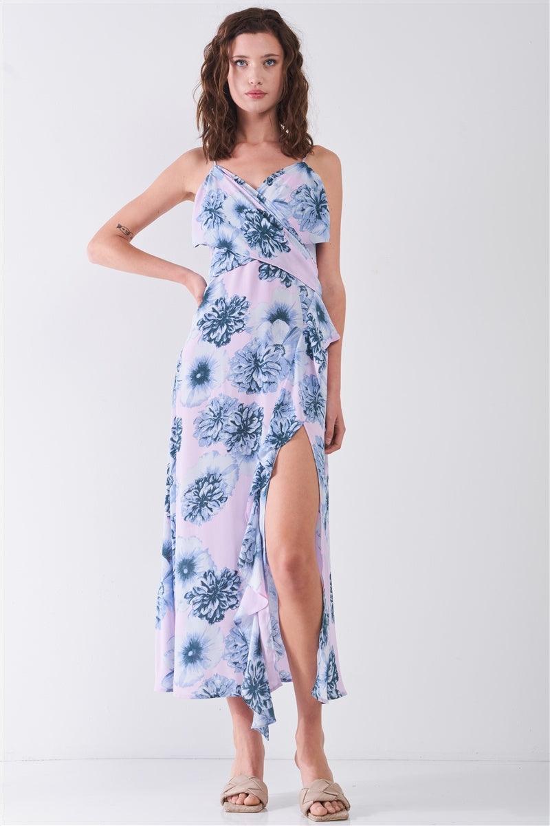 Floral Print Sleeveless Self-tie Wide Wrap Front Ruffle Hem Side Slit Detail Midi Dress - AMIClubwear