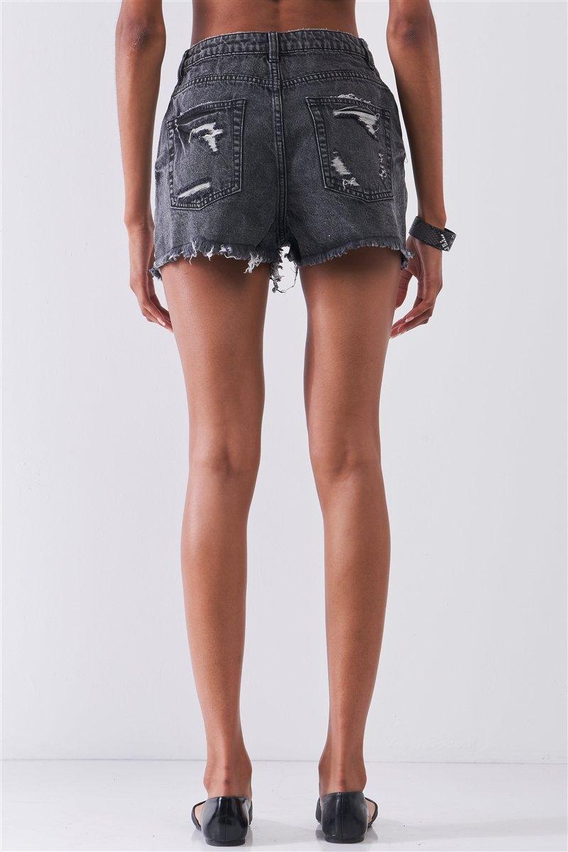 Ripped High-waist Front Zip-up Raw Hem Detail Distressed Mini Shorts - AMIClubwear