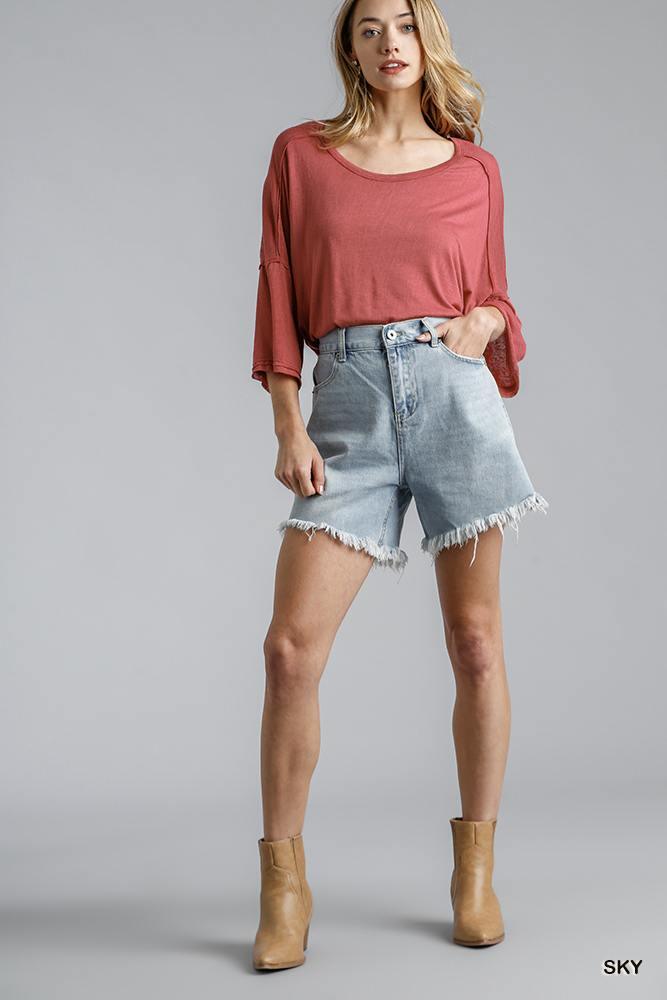 High Rise Denim Shorts With Raw Hem - AMIClubwear