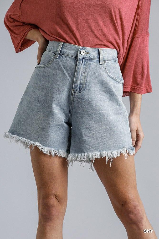 High Rise Denim Shorts With Raw Hem - AMIClubwear