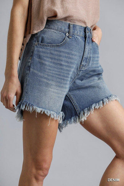 High Rise Denim Shorts With Raw Hem - AMIClubwear