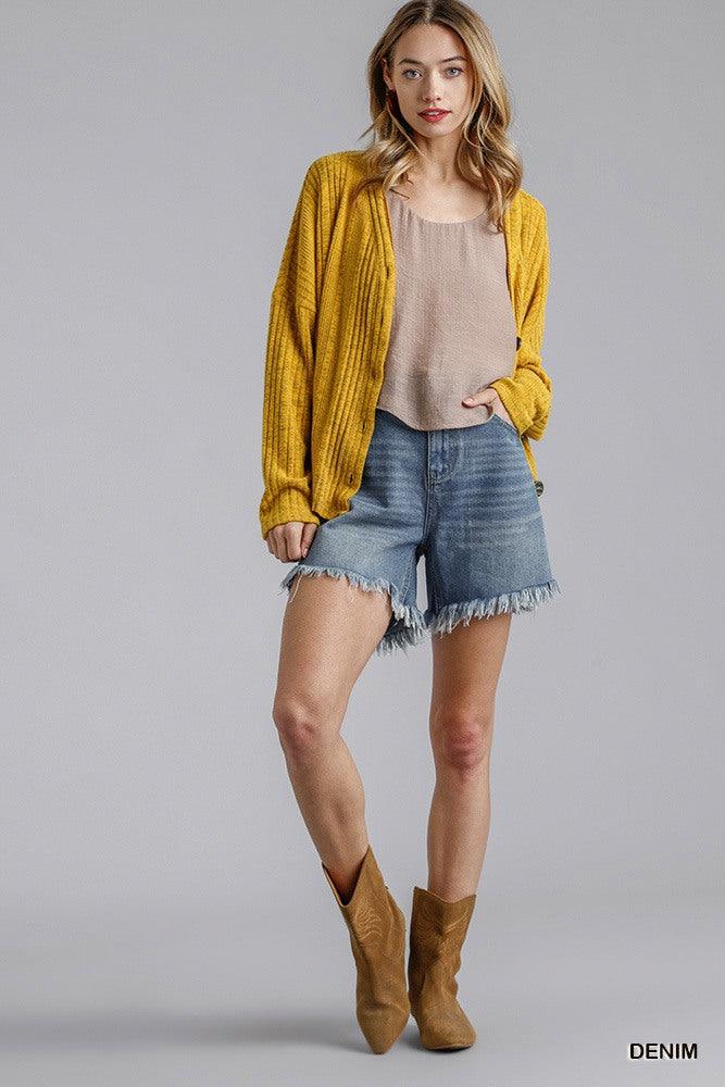 High Rise Denim Shorts With Raw Hem - AMIClubwear