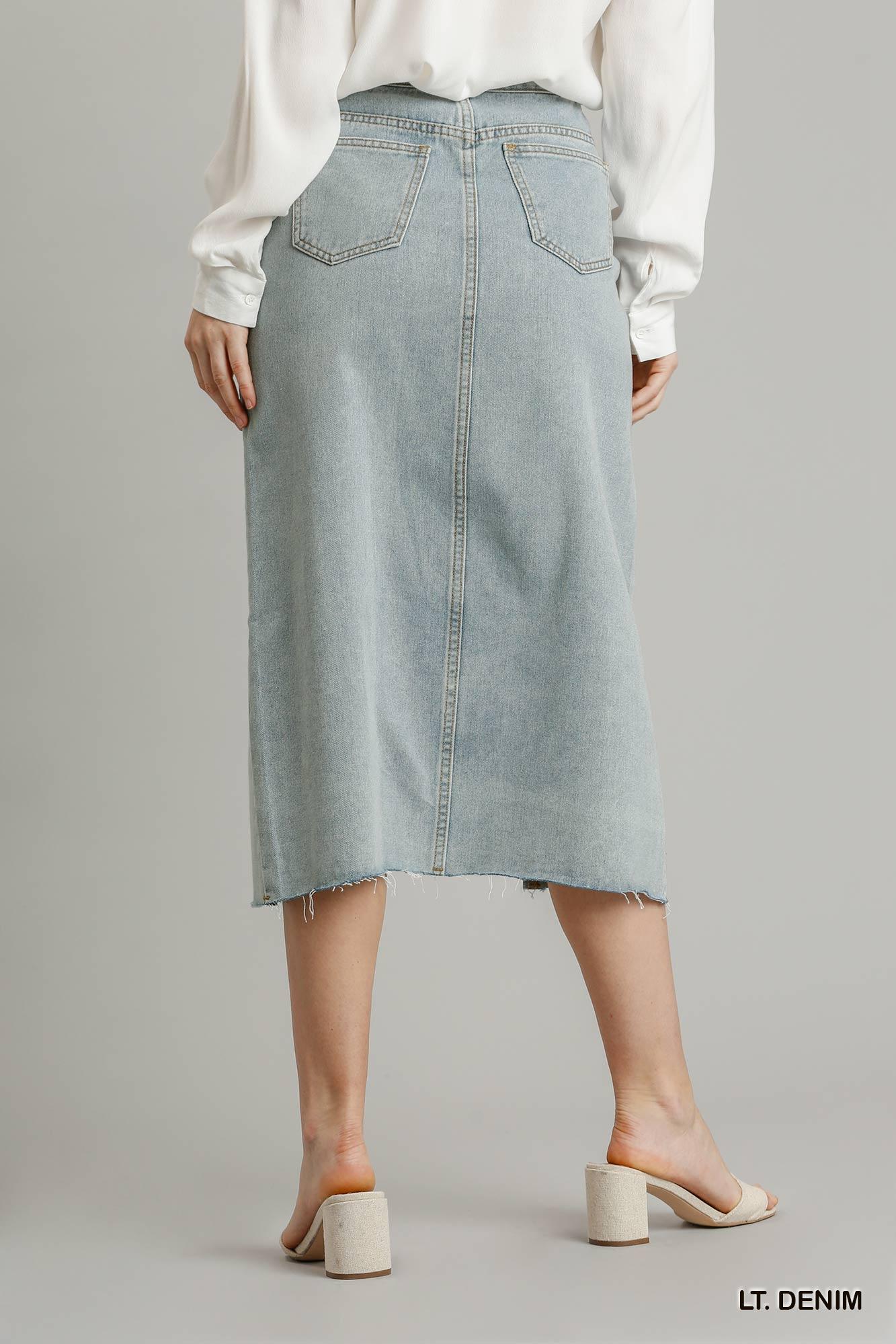 Asymmetrical Waist And Button Up Front Split Denim Skirt With Back Pockets And Unfinished Hem - AMIClubwear