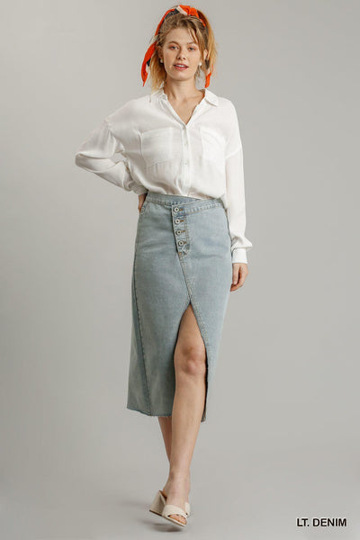 Asymmetrical Waist And Button Up Front Split Denim Skirt With Back Pockets And Unfinished Hem - AMIClubwear