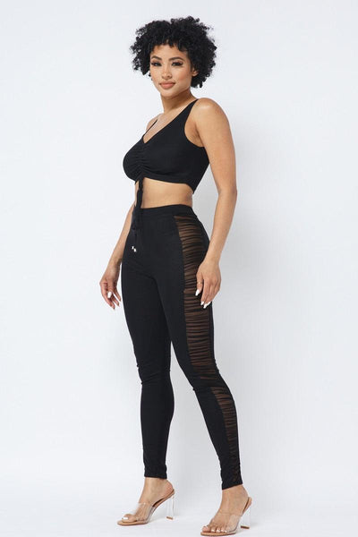Mesh Strappy Adjustable Ruched Crop Top With Matching See Through Side Panel Leggings - AMIClubwear