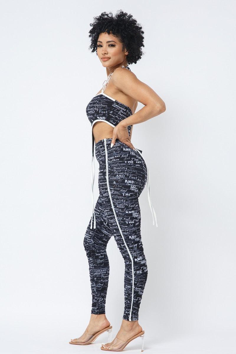 Mesh Print Crop Top With Plastic Chain Halter Neck With Matching Leggings - AMIClubwear