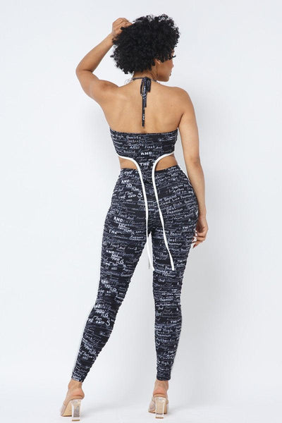 Mesh Print Crop Top With Plastic Chain Halter Neck With Matching Leggings - AMIClubwear