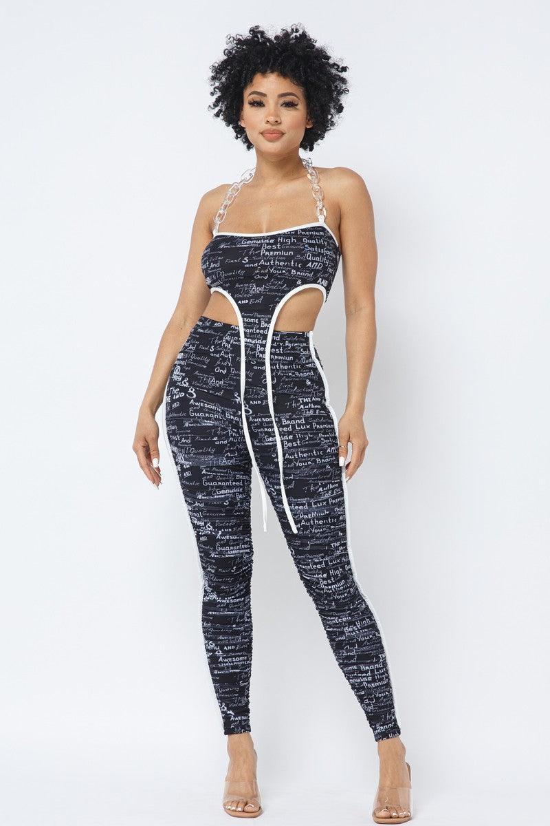 Mesh Print Crop Top With Plastic Chain Halter Neck With Matching Leggings - AMIClubwear